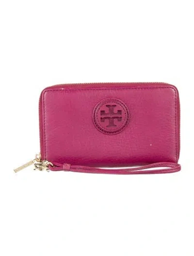 Pre-owned Tory Burch Signature Logo Leather Wristlet In Red