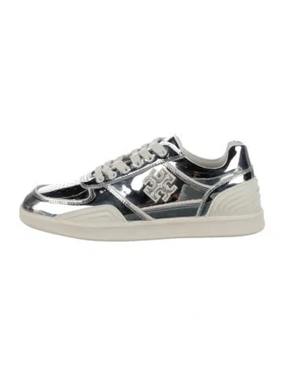 Pre-owned Tory Burch Signature Logo Patent Leather Sneakers W/ Tags In Metallic/silver