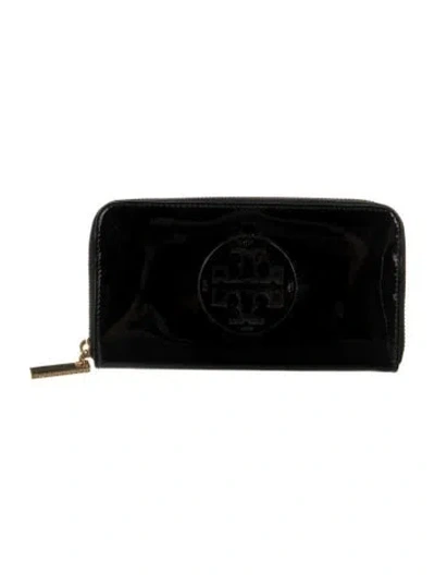 Pre-owned Tory Burch Signature Logo Patent Leather Wallet In Black