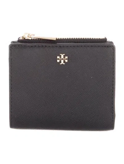 Pre-owned Tory Burch Signature Logo Saffiano Leather Compact Wallet In Black