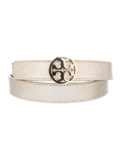 Pre-owned Tory Burch Signature Logo Skinny Belt In Gold