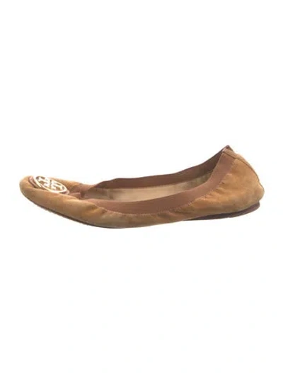 Pre-owned Tory Burch Signature Logo Suede Ballet Flats In Brown