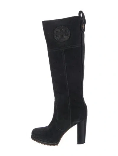 Pre-owned Tory Burch Signature Logo Suede Boots In Black