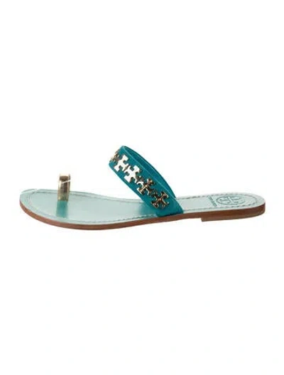 Pre-owned Tory Burch Signature Logo Suede Slides In Blue