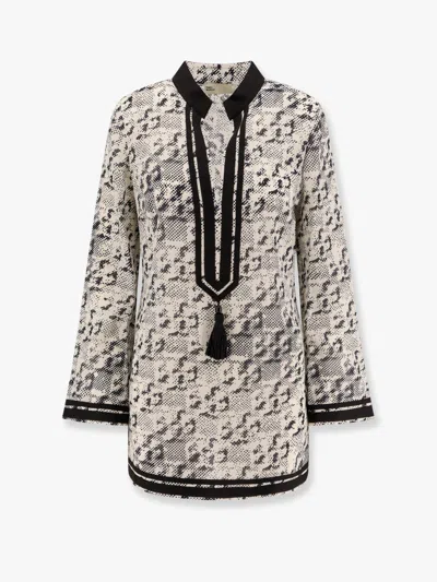 TORY BURCH SILK AND COTTON TUNIC WITH PIXELATED LOGO PRINT
