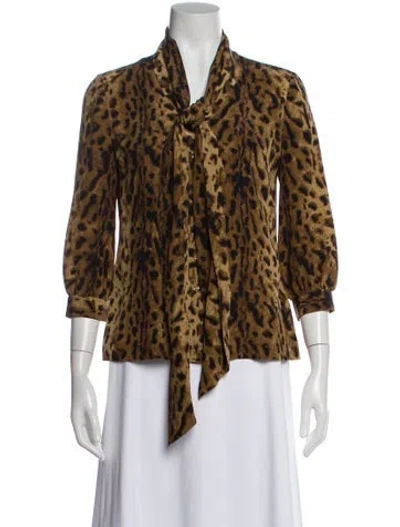 Pre-owned Tory Burch Silk Animal Print Blouse In Brown