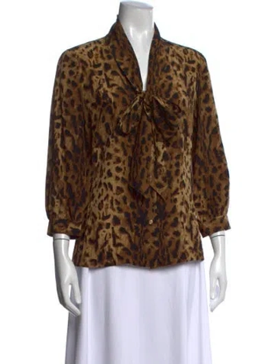 Pre-owned Tory Burch Silk Animal Print Blouse In Brown
