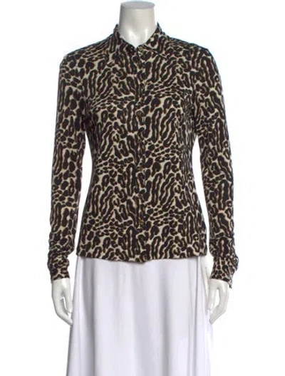 Pre-owned Tory Burch Silk Animal Print Button-up Top In Black