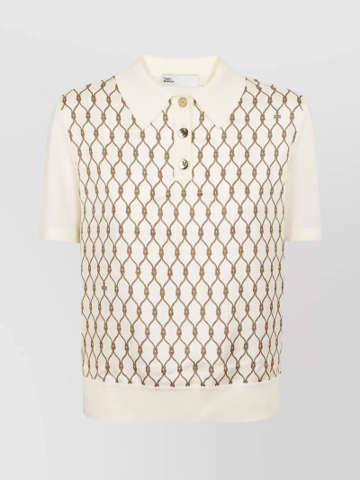 Tory Burch Silk Chain-link Polo With Ribbed Collar In Beige