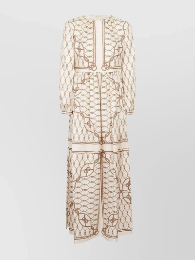 Tory Burch Silk Chain Print Midi Dress With Long Sleeves In White