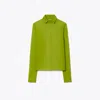Tory Burch Silk Collared Top In Green