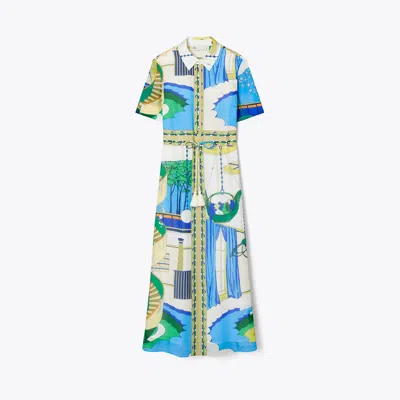 Tory Burch Belted Printed Silk And Cotton-blend Maxi Dress In Blue