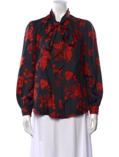 Pre-owned Tory Burch Silk Floral Print Blouse In Black