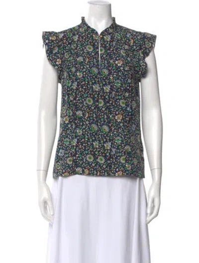 Pre-owned Tory Burch Silk Floral Print Blouse In Blue