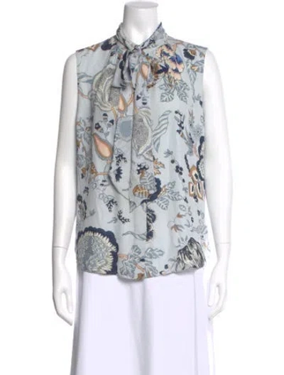 Pre-owned Tory Burch Silk Floral Print Blouse In Blue
