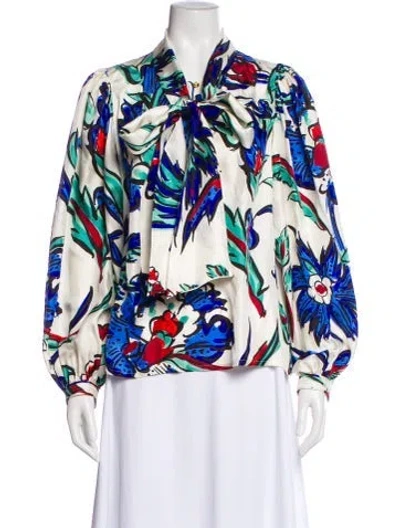 Pre-owned Tory Burch Silk Floral Print Blouse In Blue