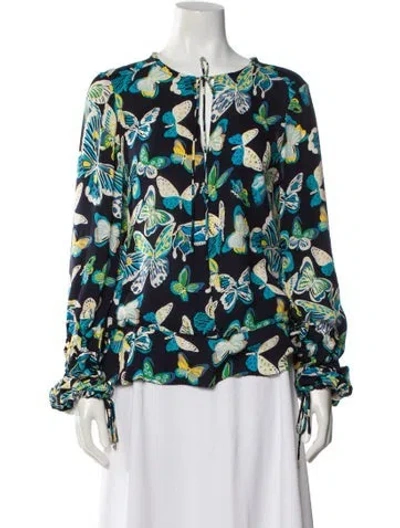 Pre-owned Tory Burch Silk Floral Print Blouse In Blue