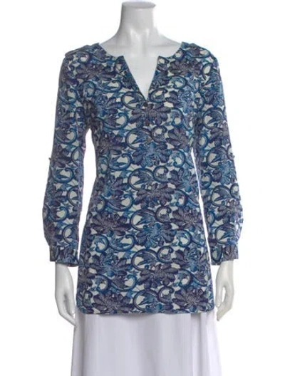 Pre-owned Tory Burch Silk Floral Print Blouse In Blue