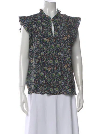 Pre-owned Tory Burch Silk Floral Print Blouse In Blue