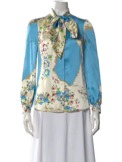 Pre-owned Tory Burch Silk Floral Print Blouse In Blue