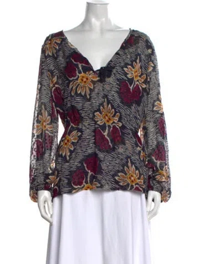 Pre-owned Tory Burch Silk Floral Print Blouse In Blue