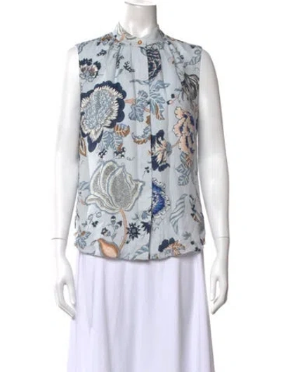 Pre-owned Tory Burch Silk Floral Print Blouse In Blue