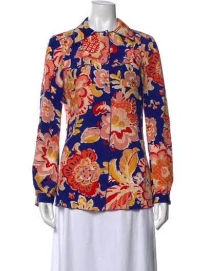 Pre-owned Tory Burch Silk Floral Print Blouse In Blue