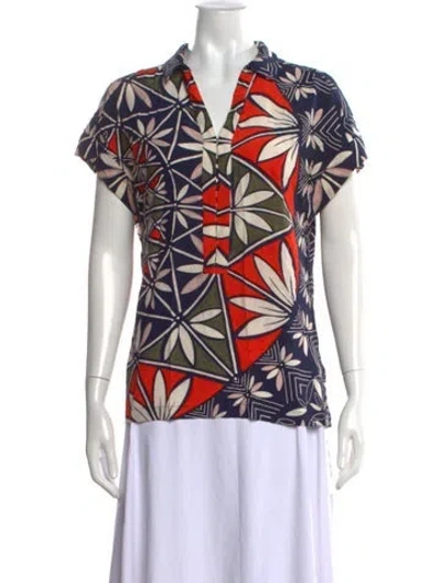 Pre-owned Tory Burch Silk Floral Print Blouse In Blue