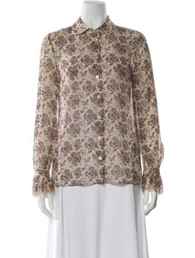 Pre-owned Tory Burch Silk Floral Print Blouse In Brown