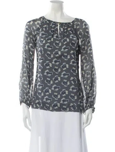 Pre-owned Tory Burch Silk Floral Print Blouse In Gray