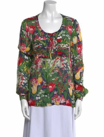 Pre-owned Tory Burch Silk Floral Print Blouse In Green