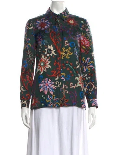 Pre-owned Tory Burch Silk Floral Print Blouse In Green