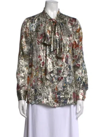 Pre-owned Tory Burch Silk Floral Print Blouse In Green/metallic