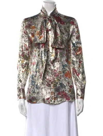 Pre-owned Tory Burch Silk Floral Print Blouse In Metallic/white