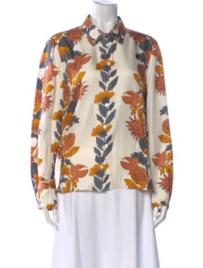 Pre-owned Tory Burch Silk Floral Print Blouse In Neutral