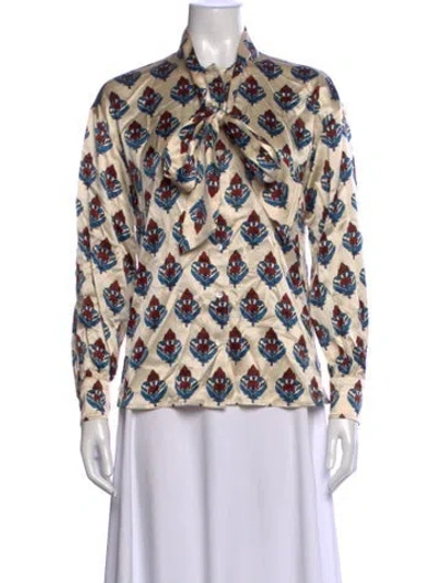 Pre-owned Tory Burch Silk Floral Print Blouse In Neutrals