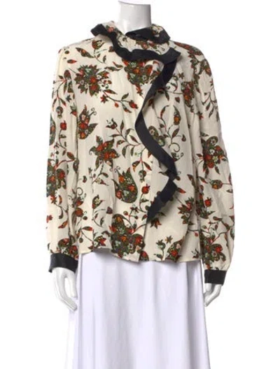 Pre-owned Tory Burch Silk Floral Print Blouse In Neutrals