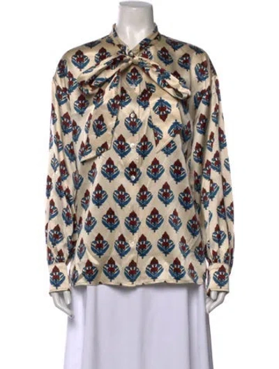 Pre-owned Tory Burch Silk Floral Print Blouse In Neutrals
