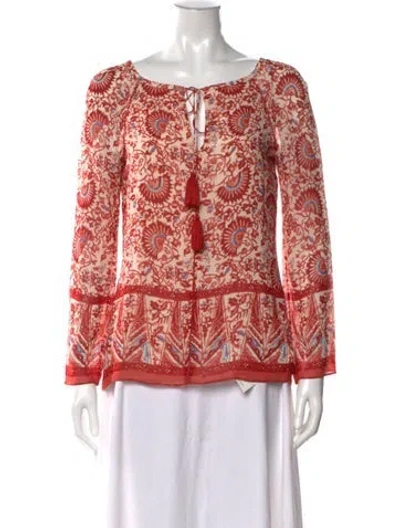 Pre-owned Tory Burch Silk Floral Print Blouse In Neutrals/red