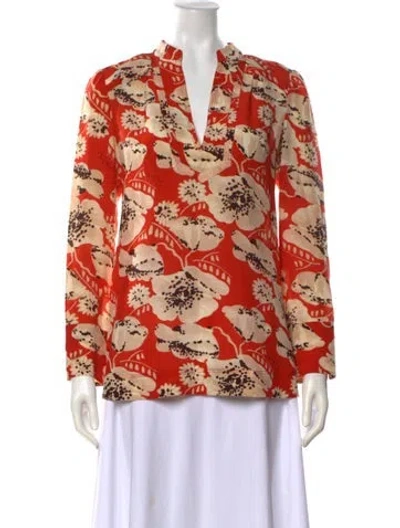 Pre-owned Tory Burch Silk Floral Print Blouse In Red