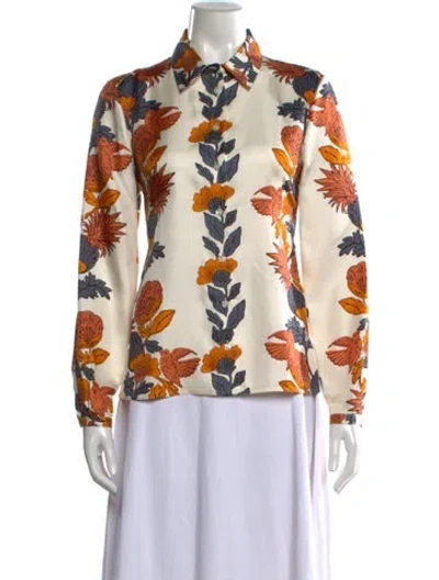 Pre-owned Tory Burch Silk Floral Print Blouse W/ Tags In Neutral