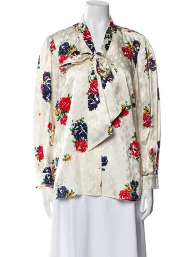 Pre-owned Tory Burch Silk Floral Print Blouse W/ Tags In White
