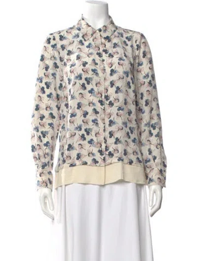 Pre-owned Tory Burch Silk Floral Print Blouse In White