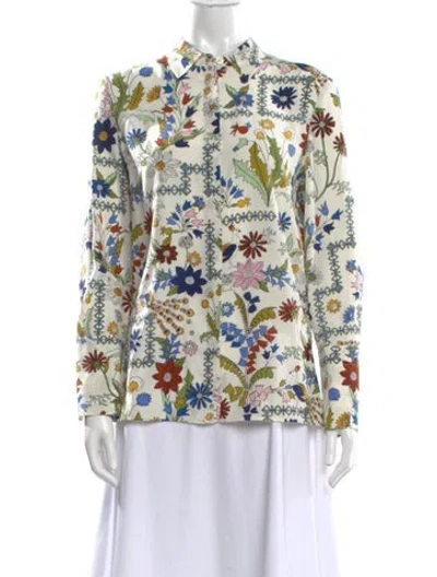 Pre-owned Tory Burch Silk Floral Print Blouse In White