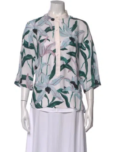 Pre-owned Tory Burch Silk Floral Print Blouse In White