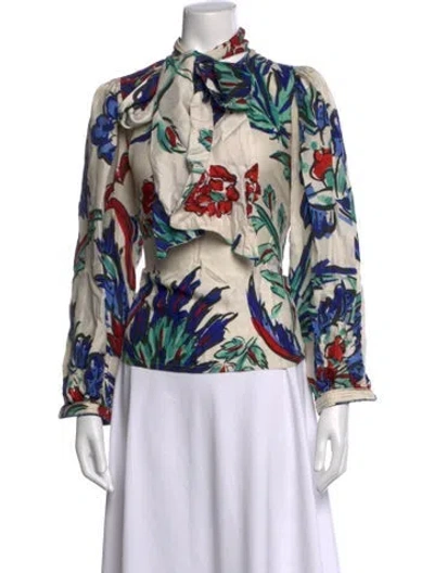 Pre-owned Tory Burch Silk Floral Print Blouse In White