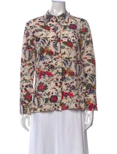 Pre-owned Tory Burch Silk Floral Print Blouse In White