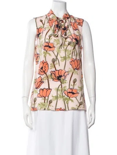 Pre-owned Tory Burch Silk Floral Print Blouse In White