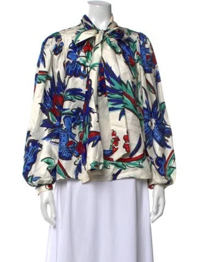 Pre-owned Tory Burch Silk Floral Print Blouse In White