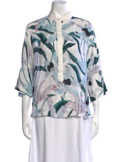 Pre-owned Tory Burch Silk Floral Print Blouse In White